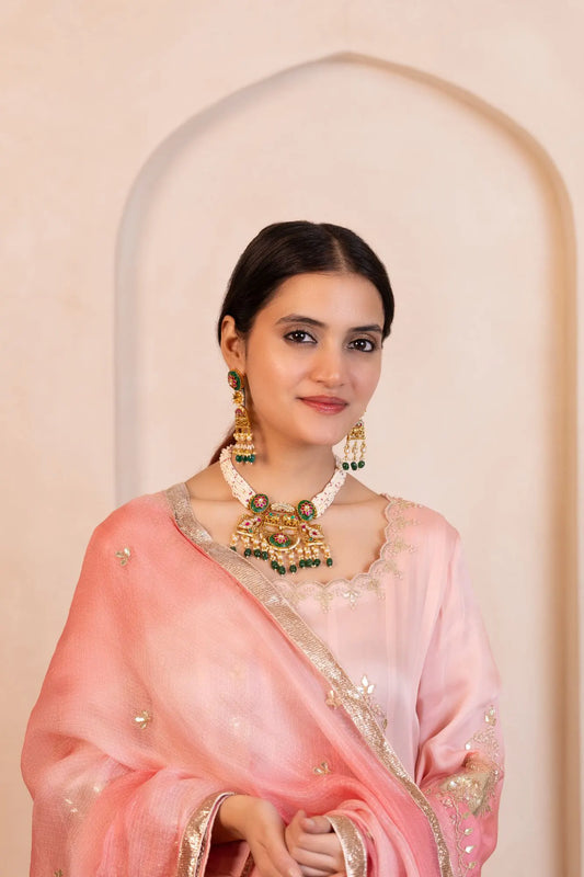 Multi Strand Pearl Choker Necklace Set with Green Kundan Pendant, Indian Bridal Jewelry, Wedding Necklace, Gold Choker with Earrings