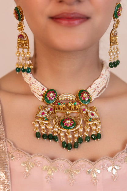 Multi Strand Pearl Choker Necklace Set with Green Kundan Pendant, Indian Bridal Jewelry, Wedding Necklace, Gold Choker with Earrings