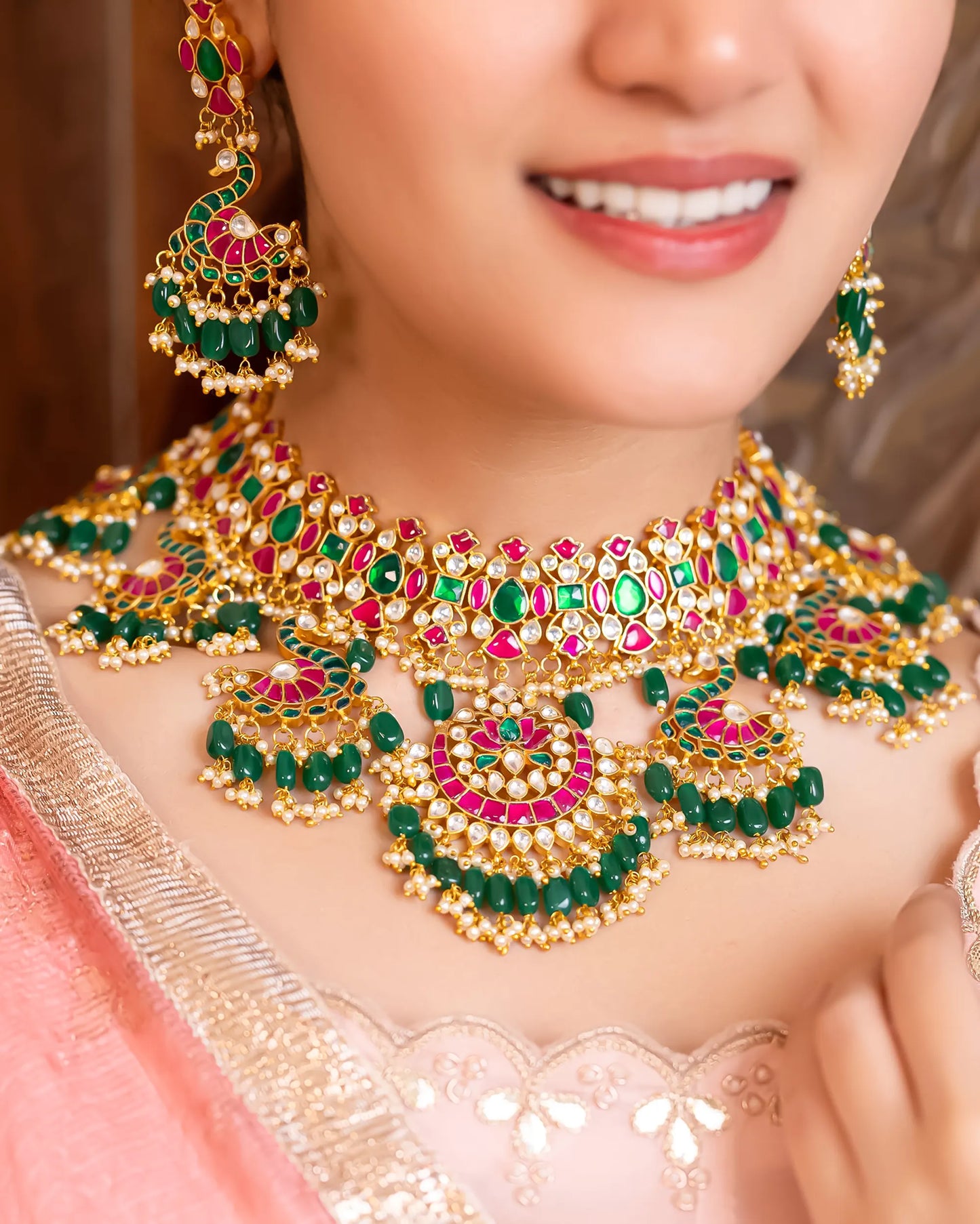 Handmade Peacock Kundan Bridal Choker Necklace Set, Traditional Indian Jewelry