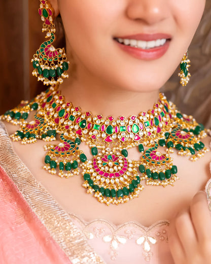 Handmade Peacock Kundan Bridal Choker Necklace Set, Traditional Indian Jewelry