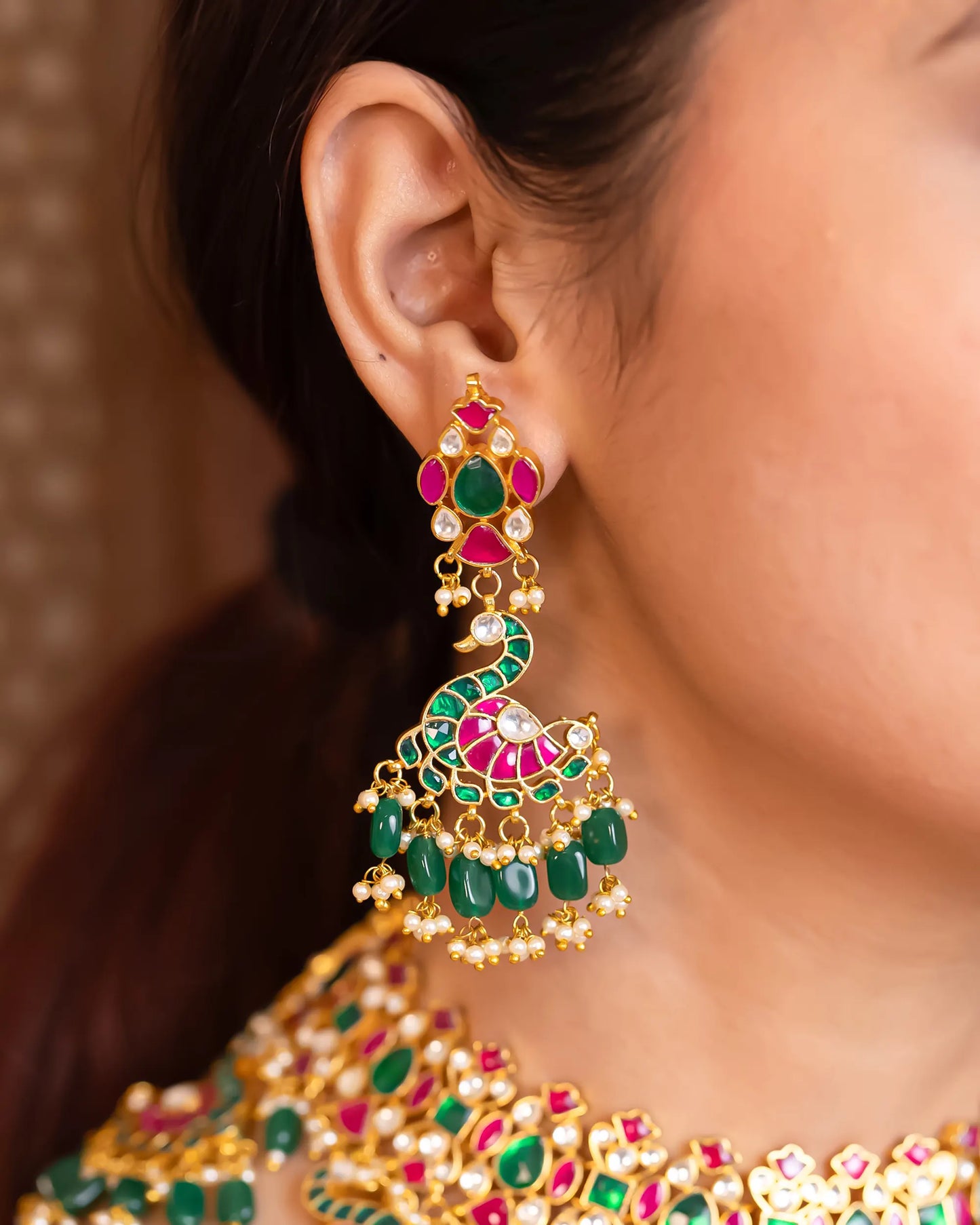 Handmade Peacock Kundan Bridal Choker Necklace Set, Traditional Indian Jewelry