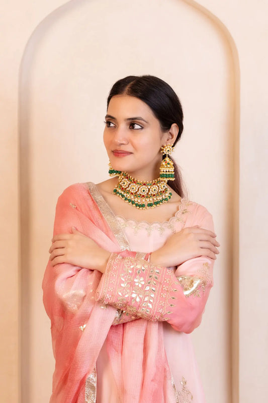 Gold Kundan Bridal Choker Set with Jhumka Earrings, Red Green Stone Necklace, Indian Wedding Jewelry Set, Pearl Drop Bridal Jewelry