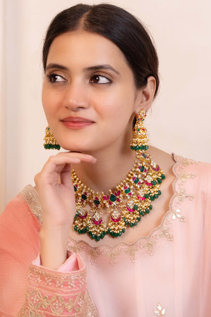 Bridal Kundan Choker Set, Multicolor Necklace With Earrings & Maang Tikka