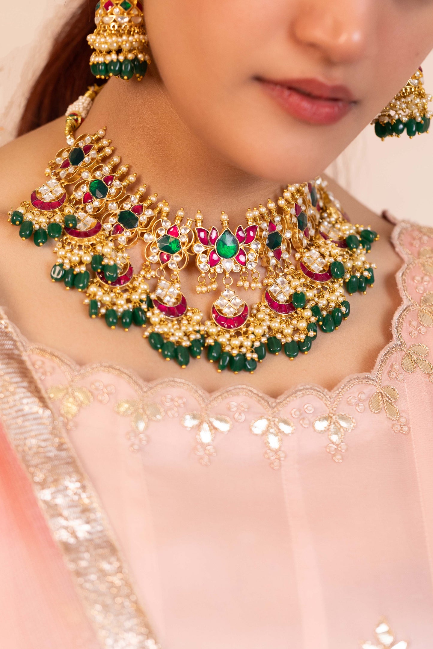 Bridal Kundan Choker Set, Multicolor Necklace With Earrings & Maang Tikka