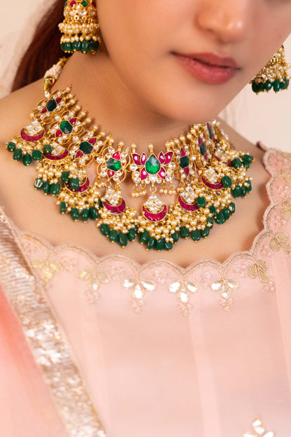 Bridal Kundan Choker Set, Multicolor Necklace With Earrings & Maang Tikka