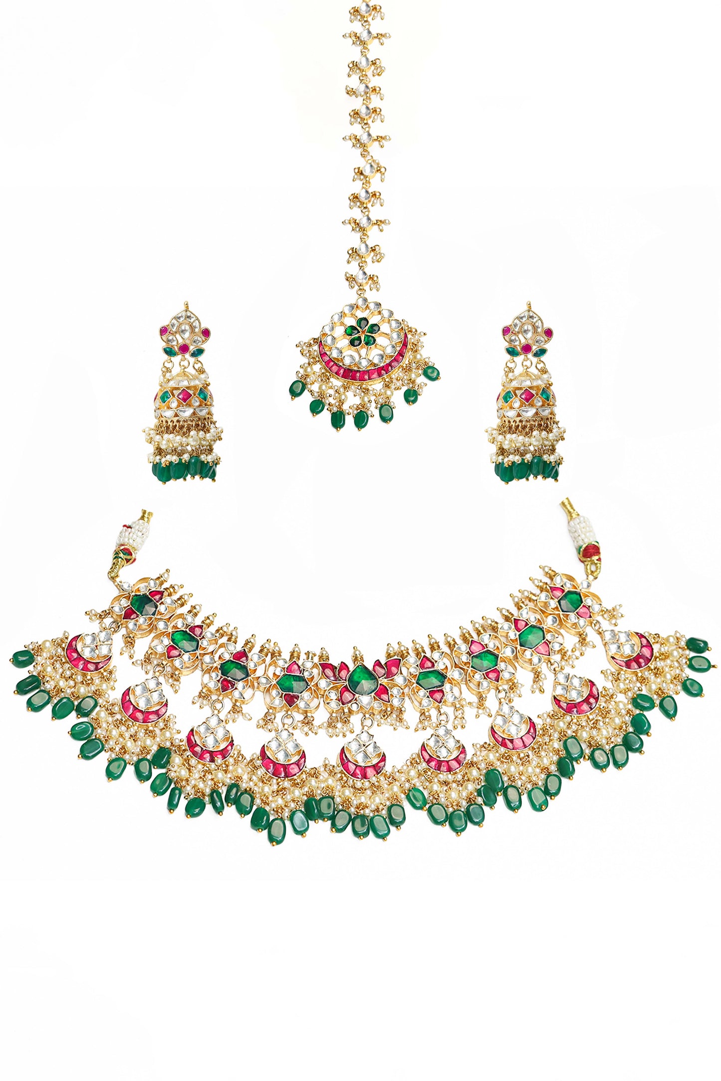 Bridal Kundan Choker Set, Multicolor Necklace With Earrings & Maang Tikka