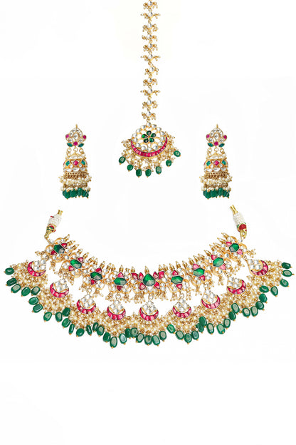 Bridal Kundan Choker Set, Multicolor Necklace With Earrings & Maang Tikka