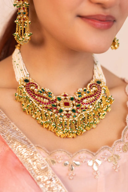 Meenakari Bridal Choker Necklace Set, Red Green Indian Wedding Jewelry, Pearl Beaded Choker Set with Earrings, Statement Ethnic Jewelry