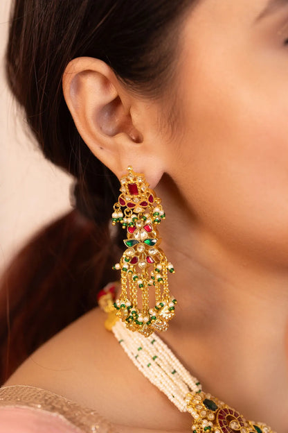 Meenakari Bridal Choker Necklace Set, Red Green Indian Wedding Jewelry, Pearl Beaded Choker Set with Earrings, Statement Ethnic Jewelry