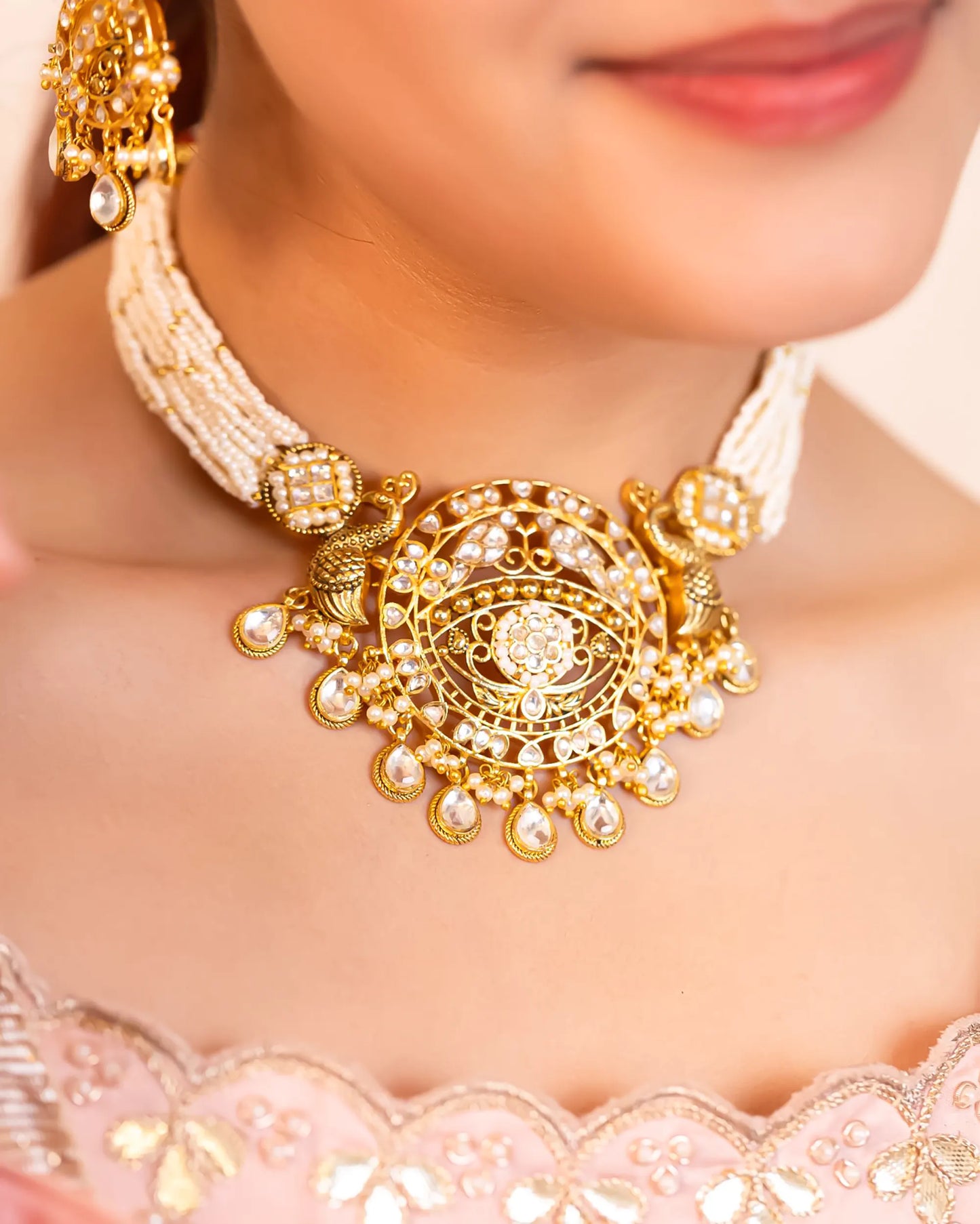 Traditional Kundan Pearl Choker Set – 18K Gold Plated Wedding Necklace Jewelry