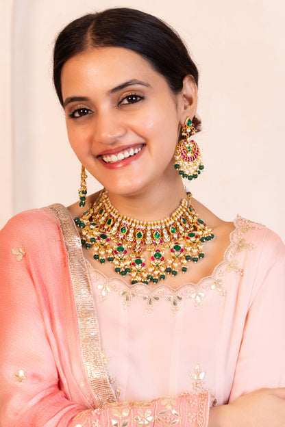 Kundan Choker Set, Green Bead Bridal Jewelry, Handicrafts Fashion Jewelry