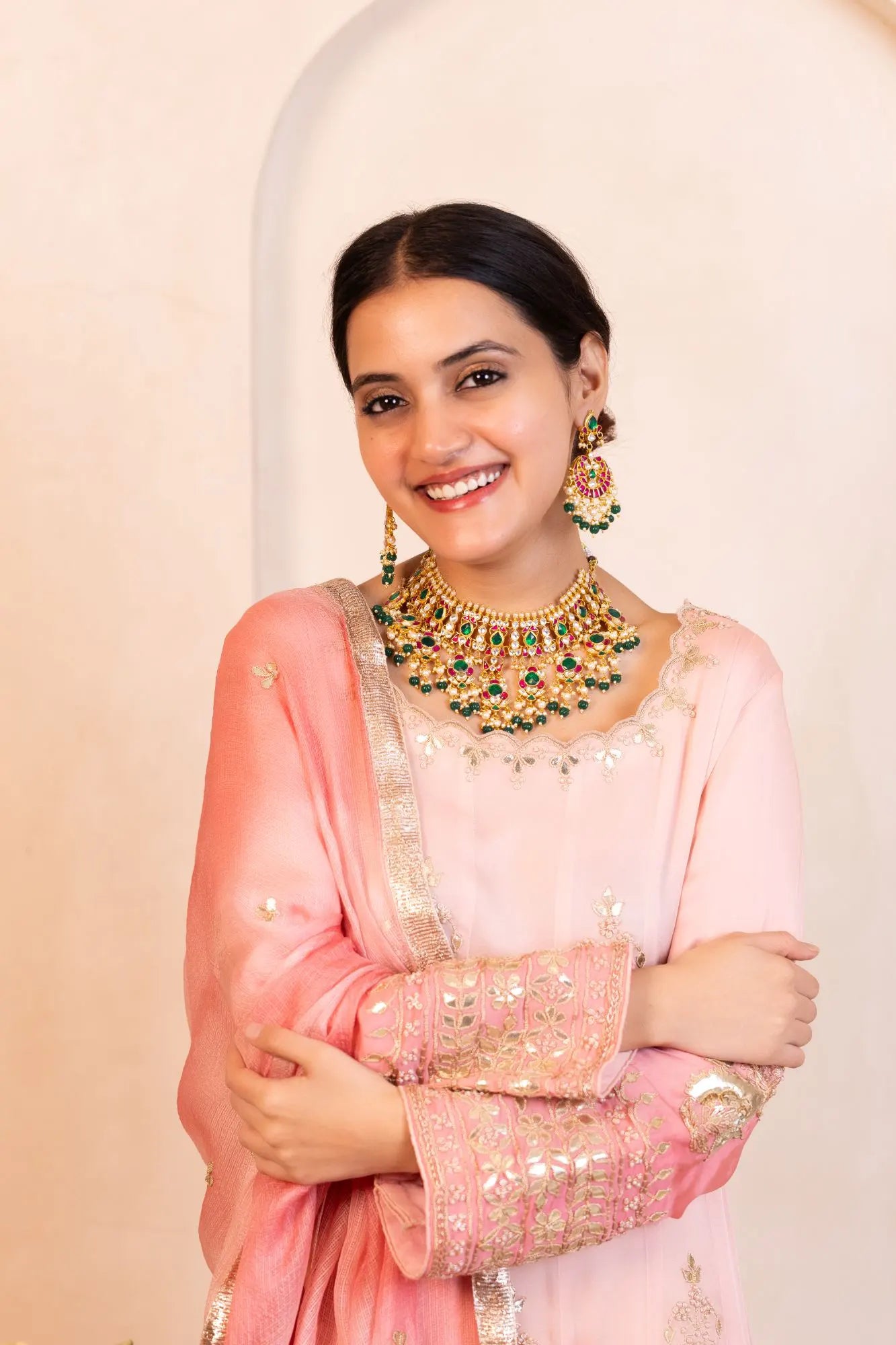 Kundan Choker Necklace Set Indian Bridal Jewelry with Green Beads