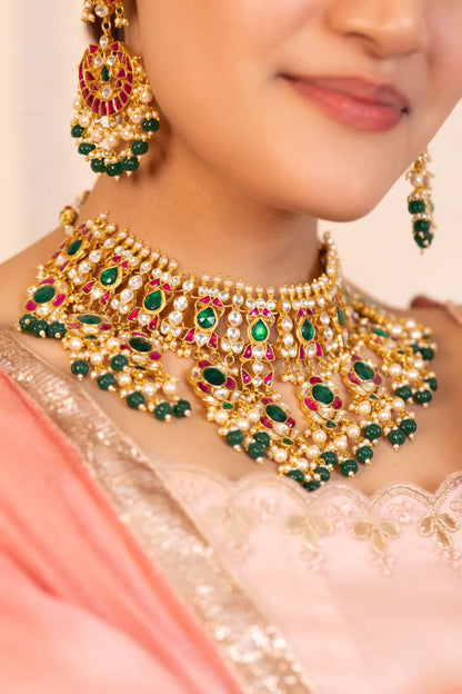 Kundan Choker Necklace Set Indian Bridal Jewelry with Green Beads