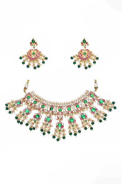 Kundan Choker Set, Green Bead Bridal Jewelry, Handicrafts Fashion Jewelry