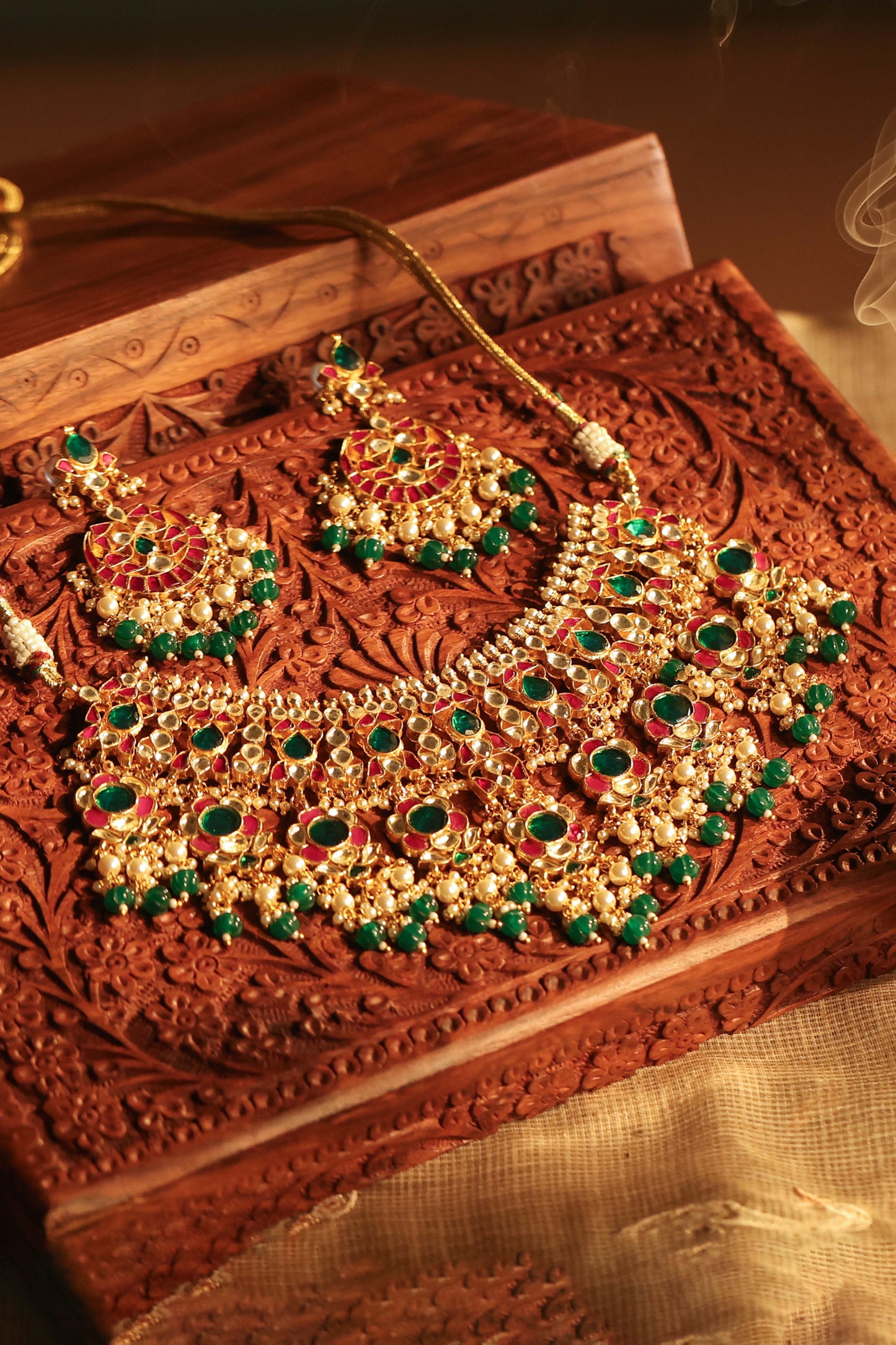 Kundan Choker Set, Green Bead Bridal Jewelry, Handicrafts Fashion Jewelry