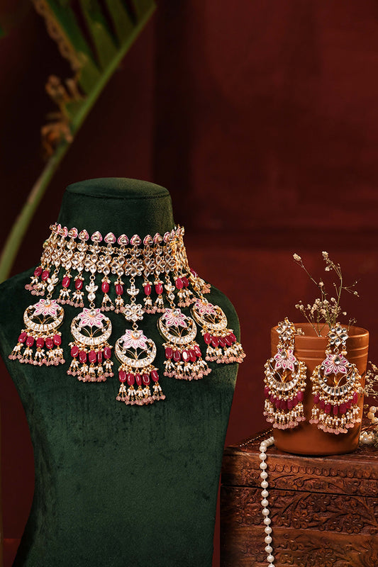 Minakari Kundan Wedding Choker Set, 18k Gold Plated Necklace Jewelry