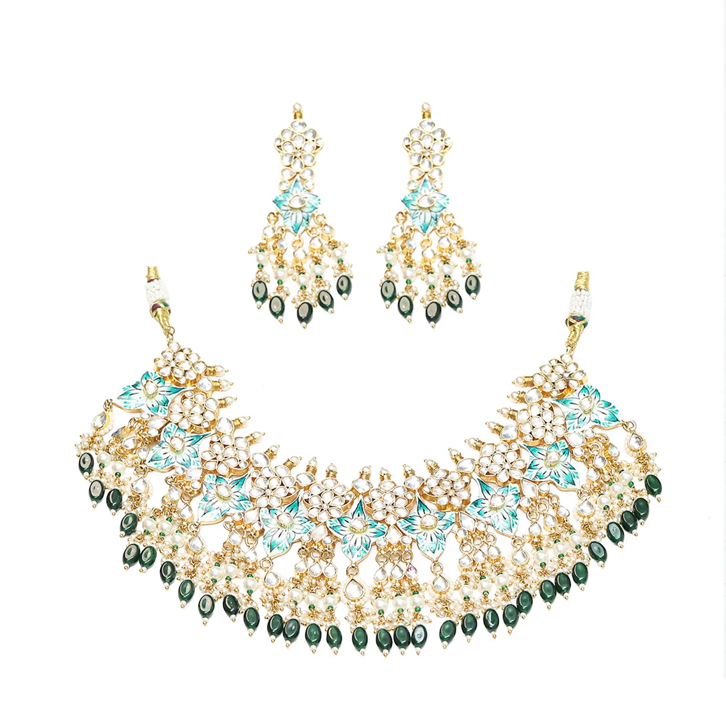 Aqua Blue Kundan Choker Necklace Set, Pearl Beads and Earrings Jewelry