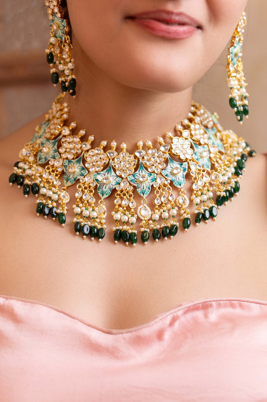 Minakari Kundan Choker Set, 18k gold plated Necklace with earrings
