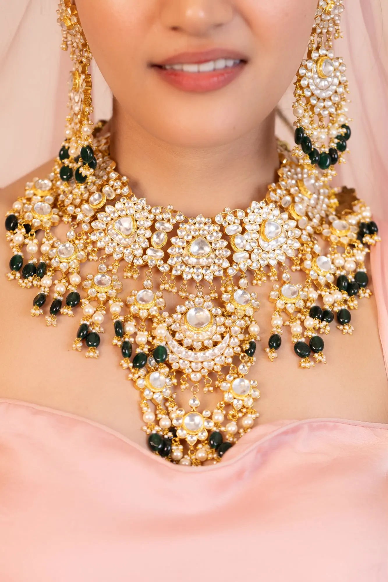 Kundan Polki Bridal Necklace Set – Gold-Plated Indian Wedding Jewelry