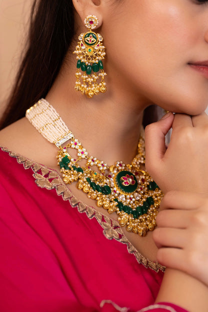 Kundan Choker Set with Green Bead Necklace & Earrings, Indian Bridal Wedding Jewelry
