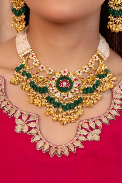 Kundan Choker Set with Green Bead Necklace & Earrings, Indian Bridal Wedding Jewelry