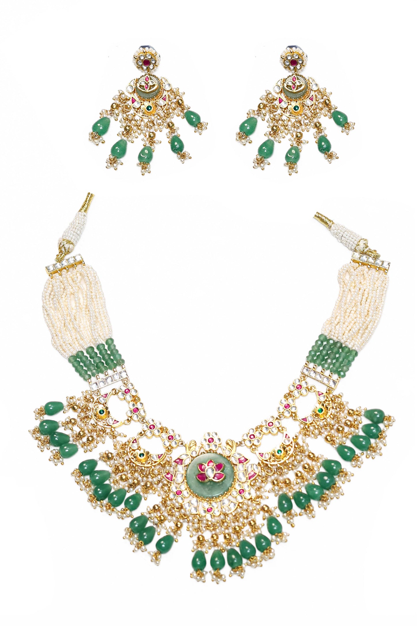 Kundan Choker Set Necklace, Green Beads Necklace & Earrings, Bridal Jewelry