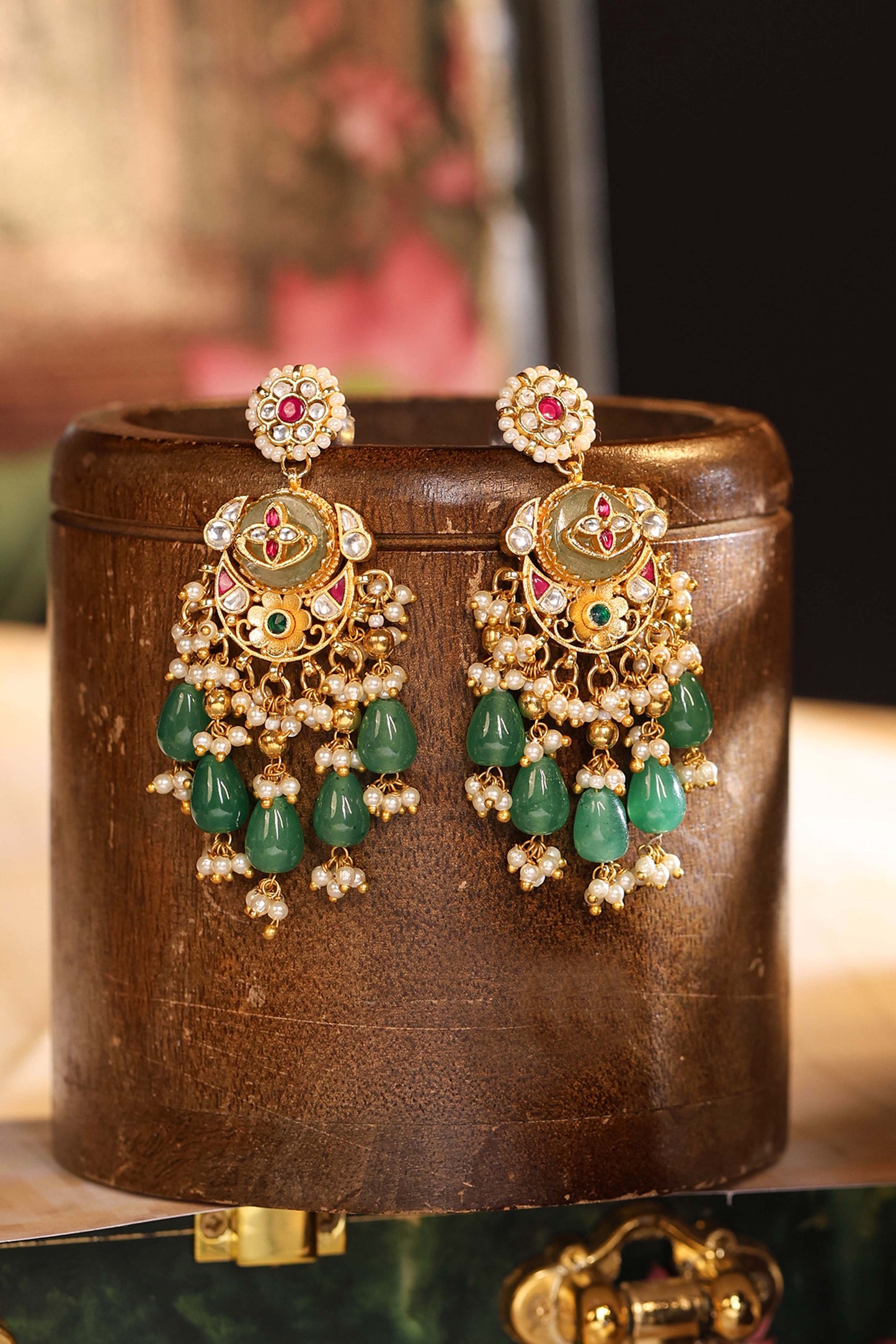 Kundan Choker Set Necklace, Green Beads Necklace & Earrings, Bridal Jewelry