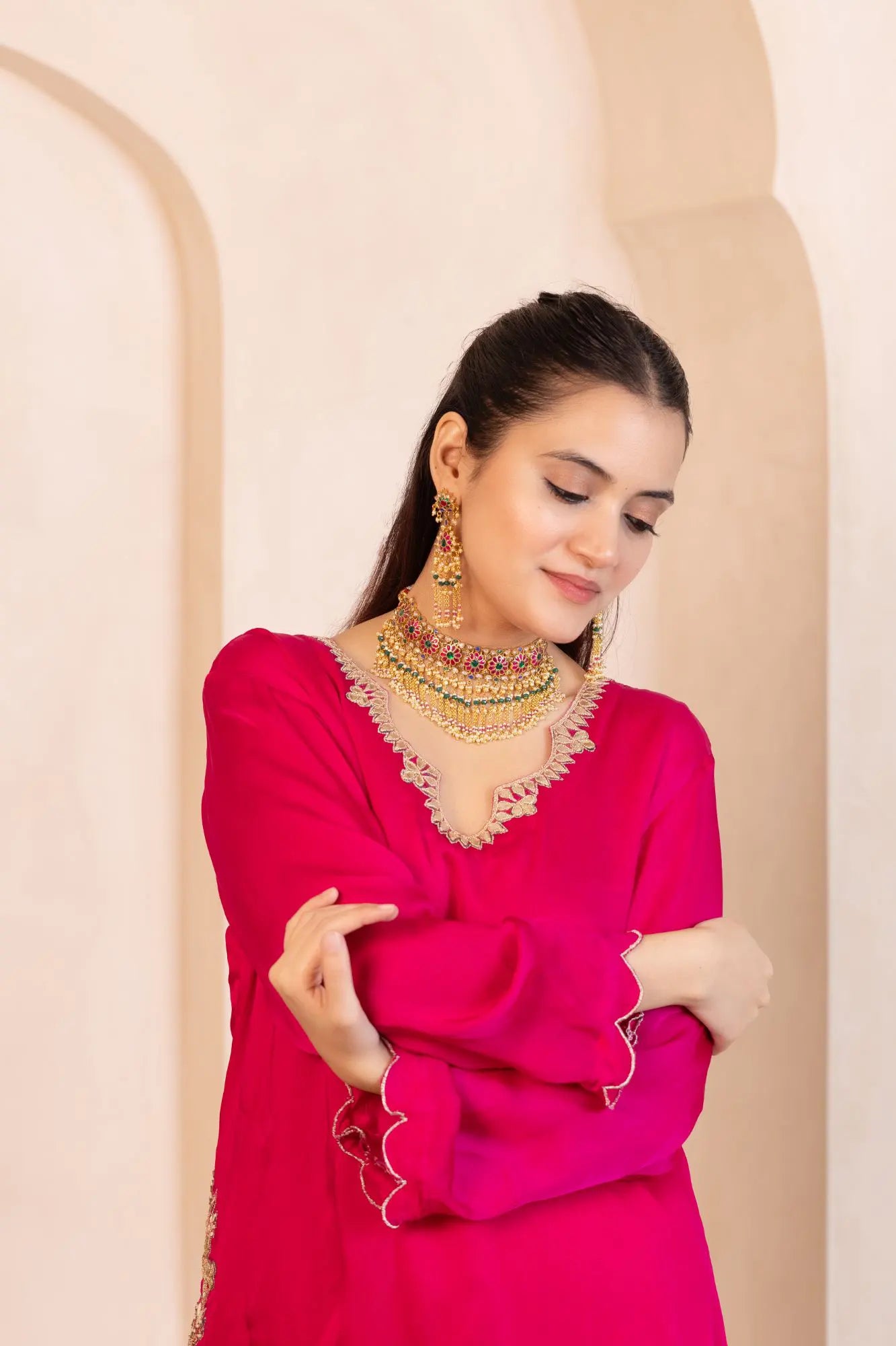Gold Plated Pink Kundan & Pearl Choker Set Necklace Traditional Indian Wedding Jewelry