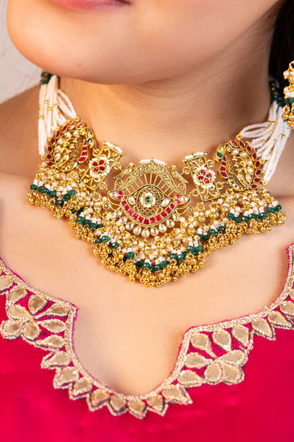 Handmade Choker Necklace Set with Green Beads  Gold Polki Bridal Jewelry Set with Earrings, Wedding Choker, Traditional Ethnic Jewelry