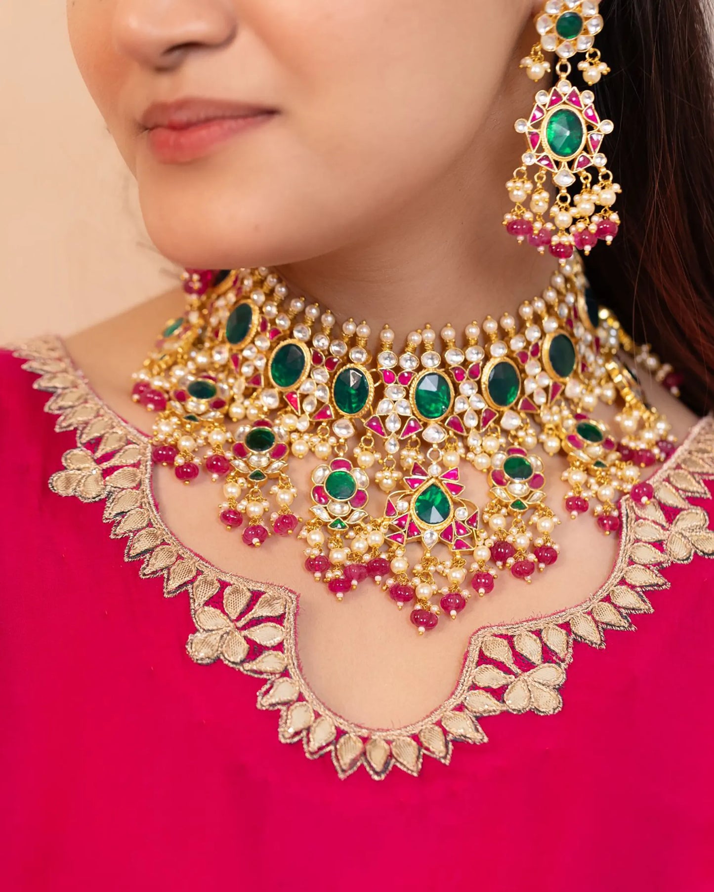 Green Kundan Bridal Jewelry Set Gold Plated Choker, Earrings & Maang Tikka