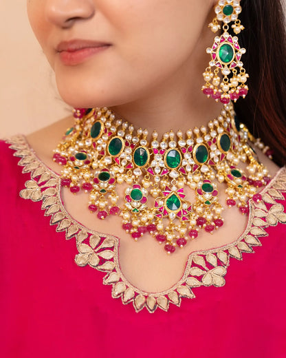 Green Kundan Bridal Jewelry Set Gold Plated Choker, Earrings & Maang Tikka