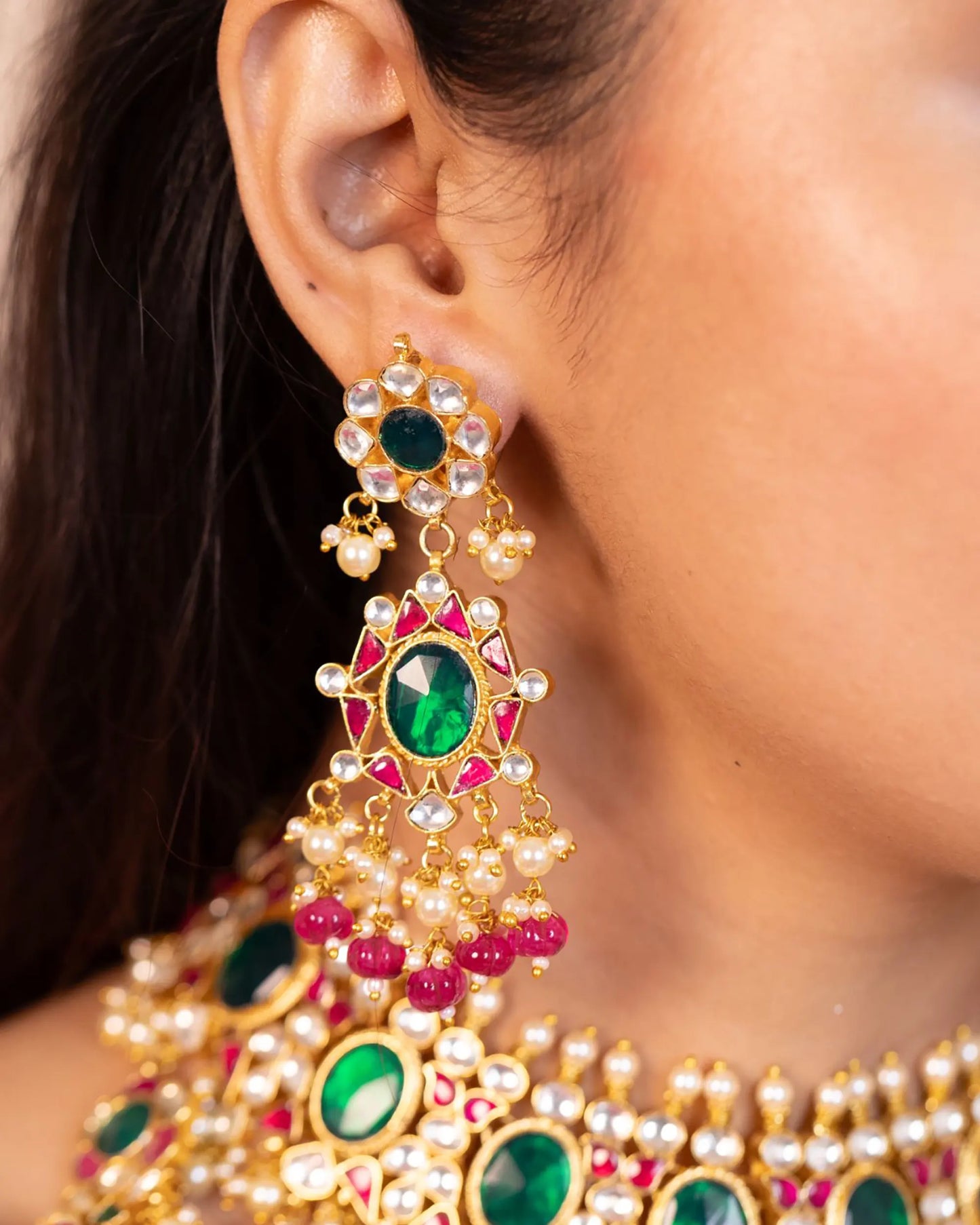 Green Kundan Bridal Jewelry Set Gold Plated Choker, Earrings & Maang Tikka