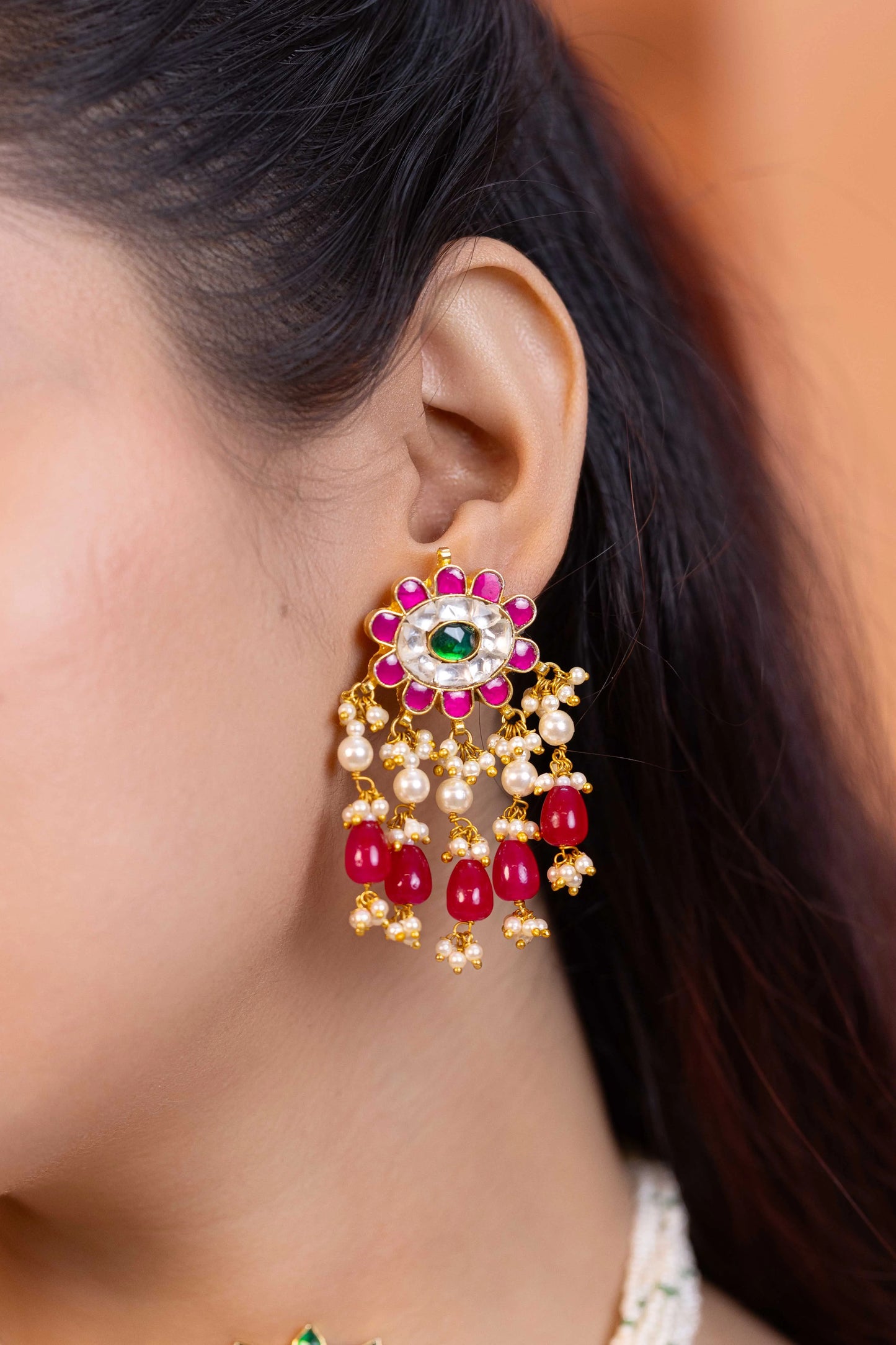 Bridal Red Kundan Choker Jewelry Set, Gold Plated Indian Earrings