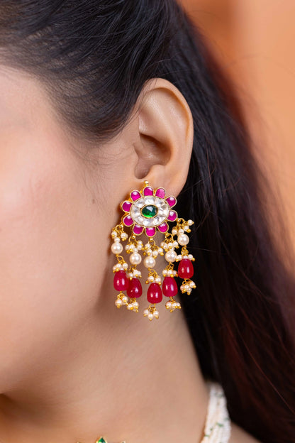 Bridal Red Kundan Choker Jewelry Set, Gold Plated Indian Earrings