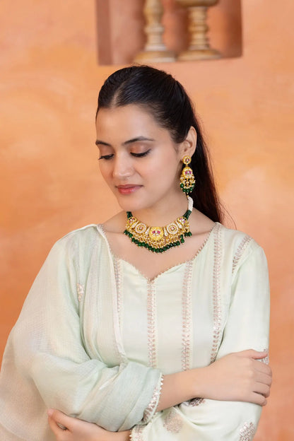Green Beaded Kundan Choker Necklace Set, Pearl Multi Layer Bridal Jewelry, Indian Wedding Choker, Gold Traditional Necklace with Earrings