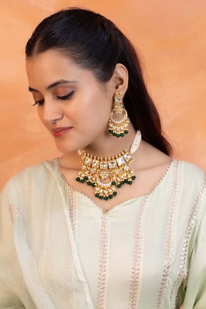 Green Kundan Bridal Choker Necklace Set with Earrings Jewelry