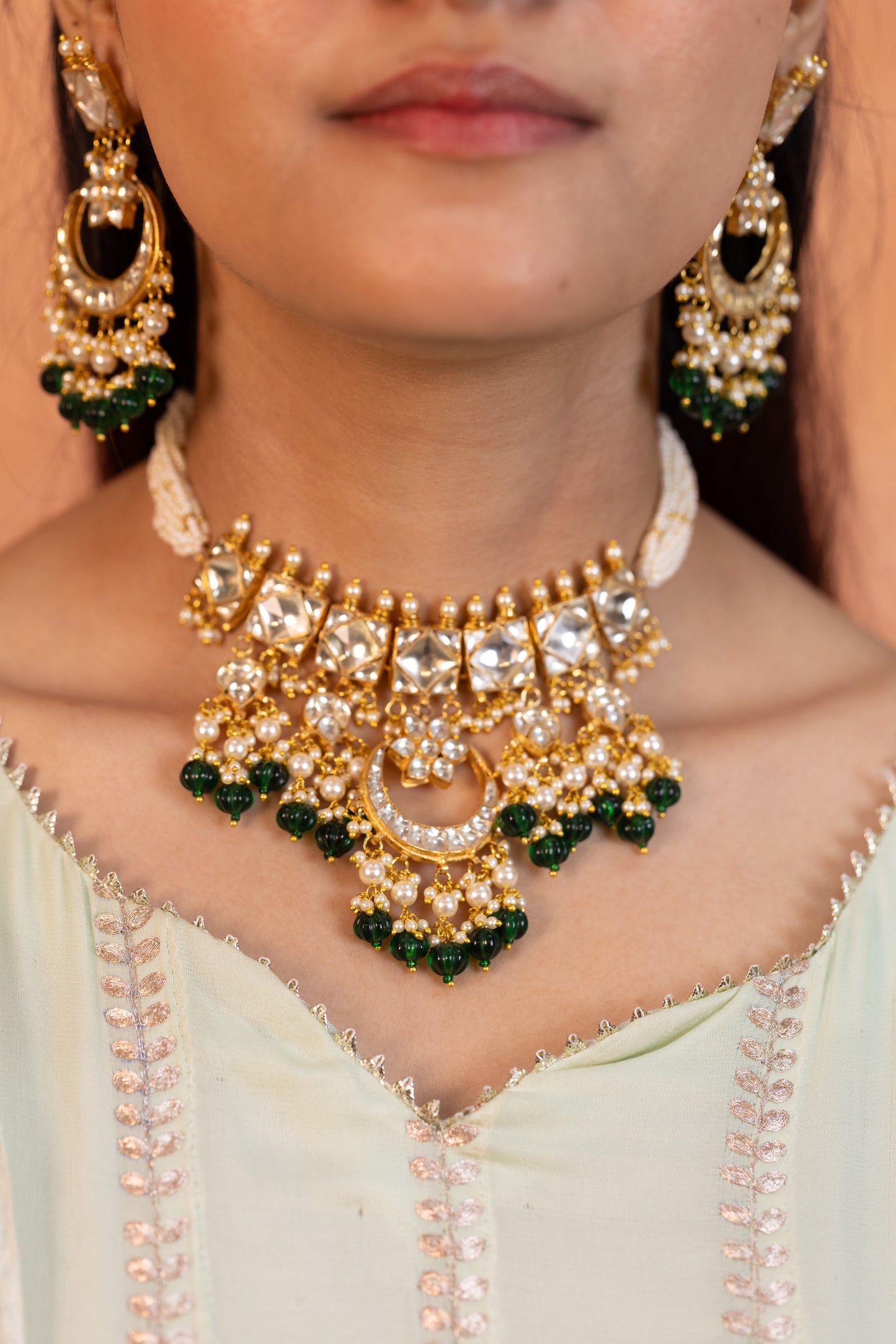Green Kundan Bridal Choker Necklace Set with Earrings Jewelry