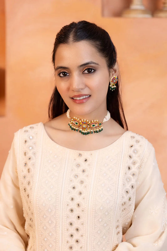 Pearl Polki Beaded Choker Necklace Set, Gold Plated Jewelry, Statement Choker with Earrings, Gift for her