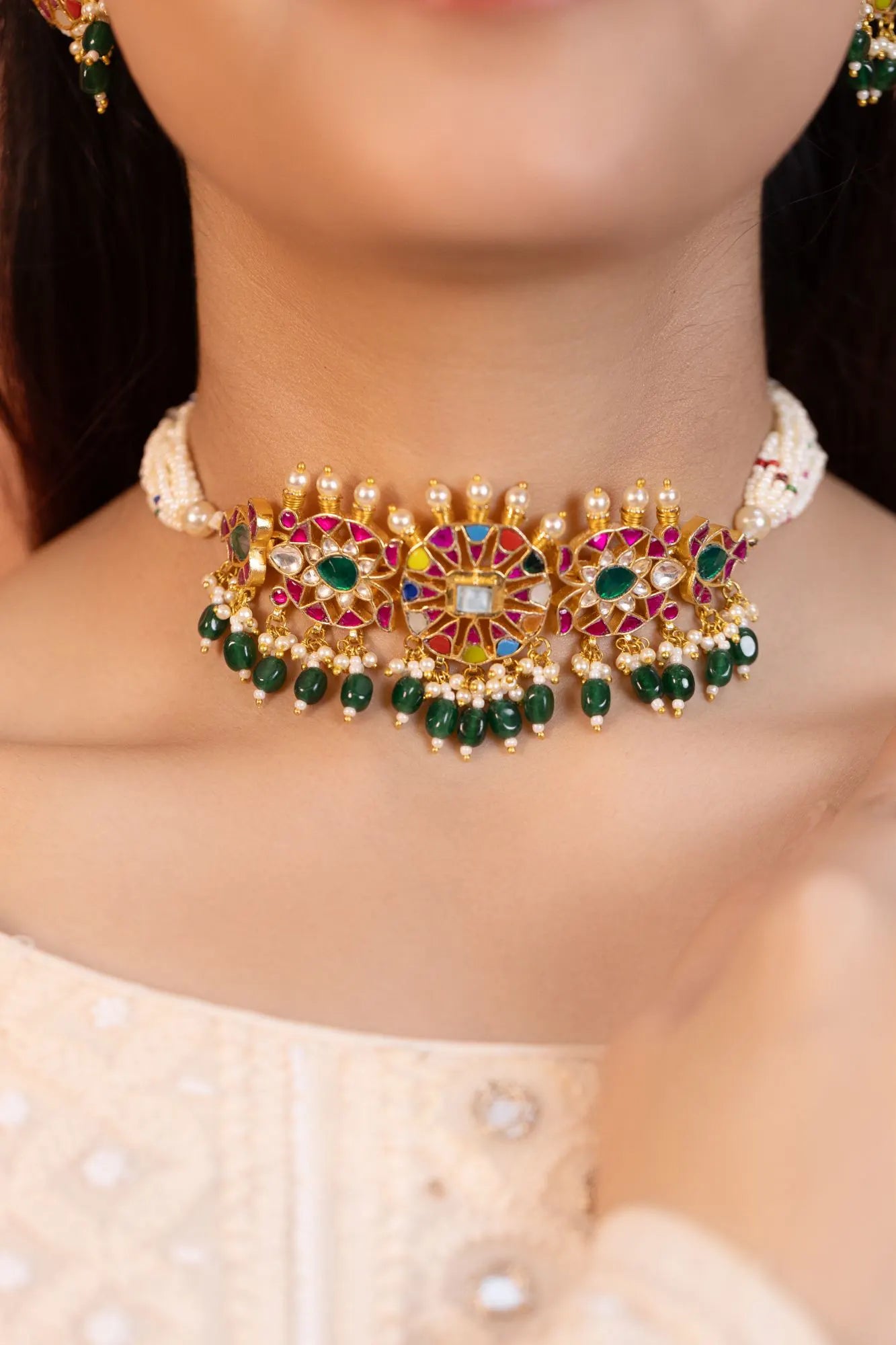 Pearl Polki Beaded Choker Necklace Set, Gold Plated Jewelry, Statement Choker with Earrings, Gift for her