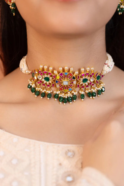 Pearl Polki Beaded Choker Necklace Set, Gold Plated Jewelry, Statement Choker with Earrings, Gift for her