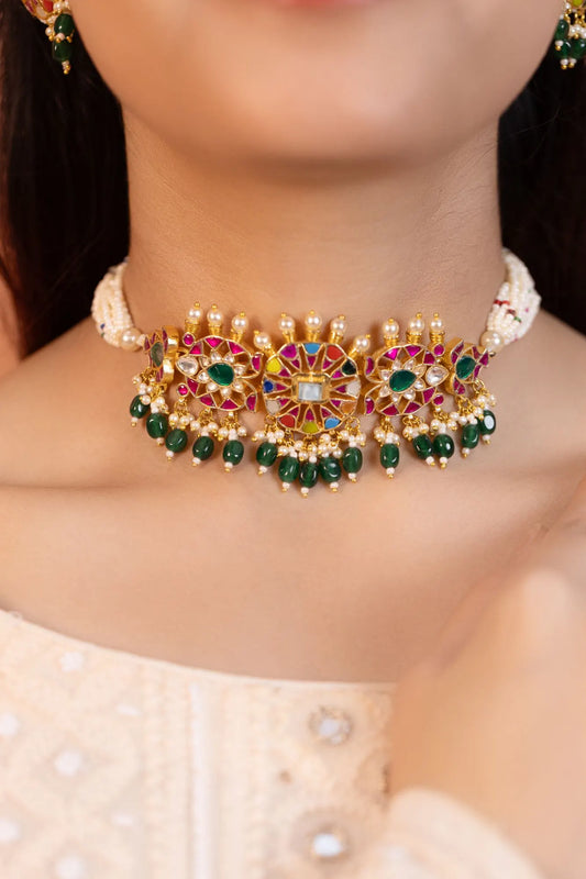 Pearl Polki Beaded Choker Necklace Set, Gold Plated Jewelry, Statement Choker with Earrings, Gift for her