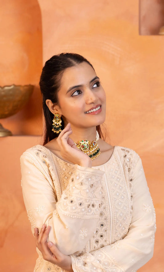 Pearl Kundan Stone Choker Necklace Earrings Set with Pearl Beads, Indian Handmade Bridal Jewelry