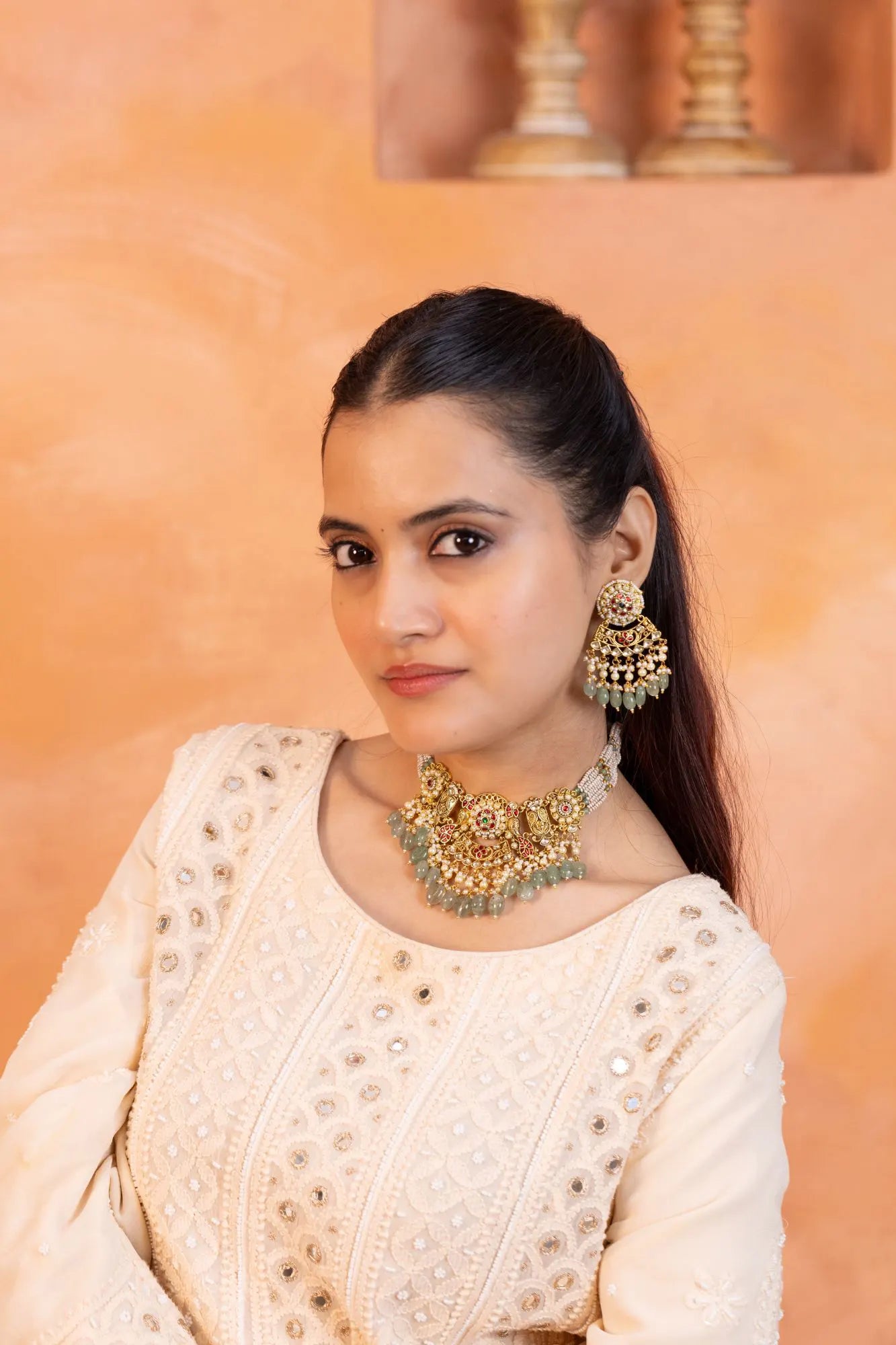 Pearl Kundan Stone Choker Necklace Earrings Set with Pearl Beads, Indian Handmade Bridal Jewelry
