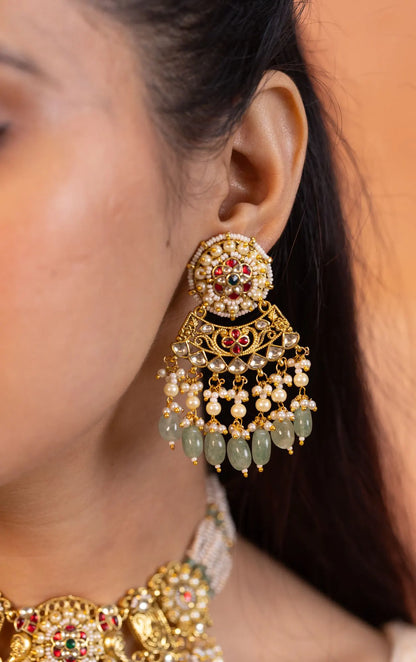 Pearl Kundan Stone Choker Necklace Earrings Set with Pearl Beads, Indian Handmade Bridal Jewelry