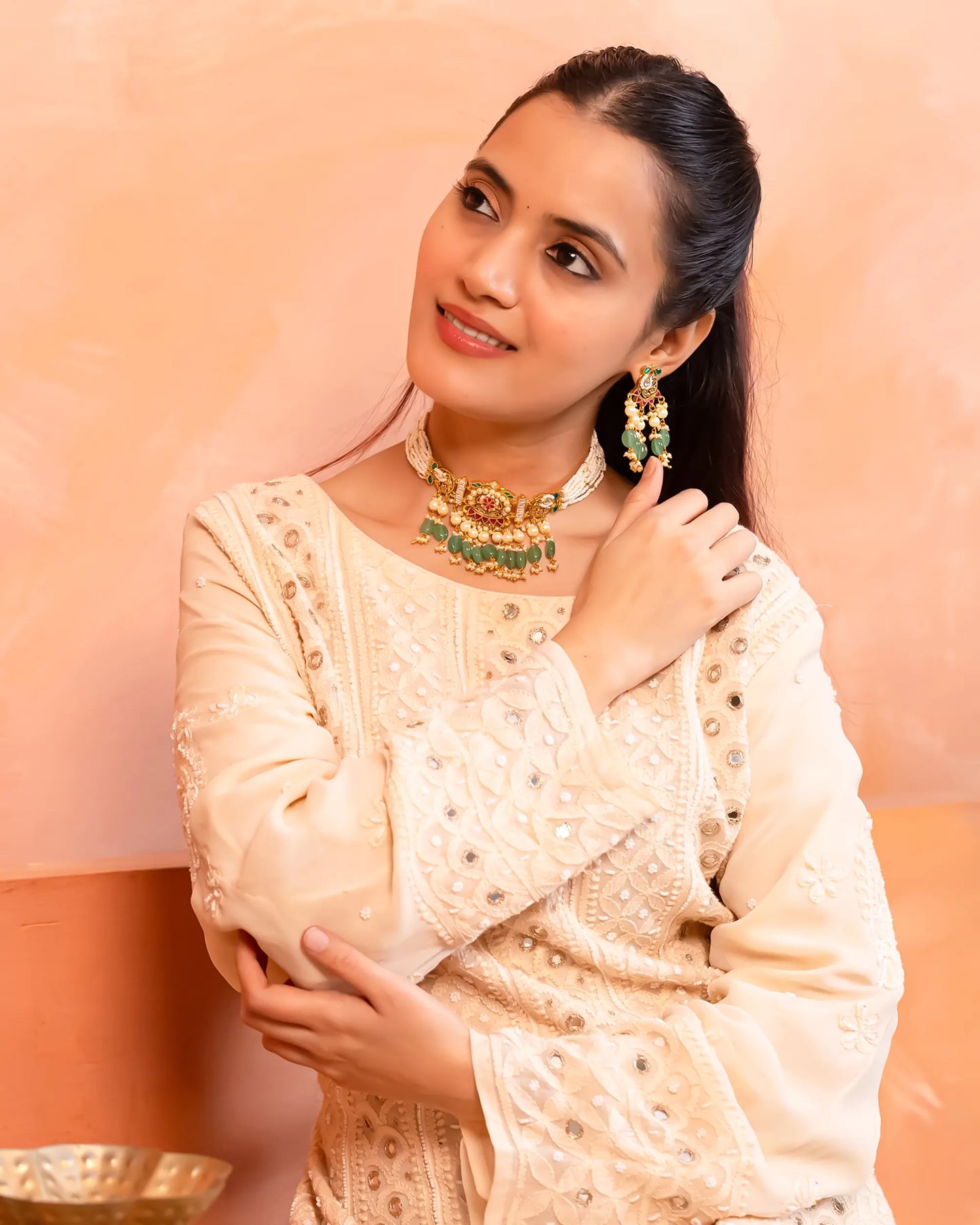 Kundan Pearl Bridal Choker Necklace Set with Green Drops Indian Jewelry