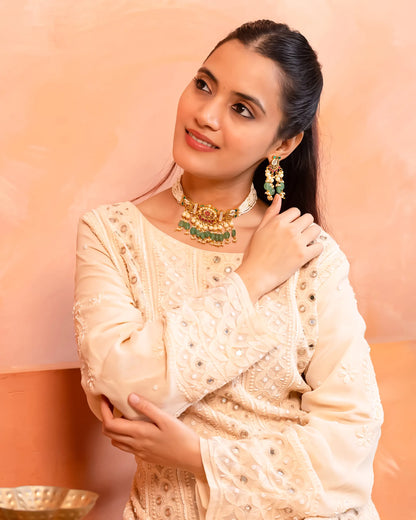 Kundan Pearl Bridal Choker Necklace Set with Green Drops Indian Jewelry