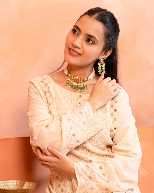 Kundan Pearl Bridal Choker Necklace Set with Green Drops Indian Jewelry