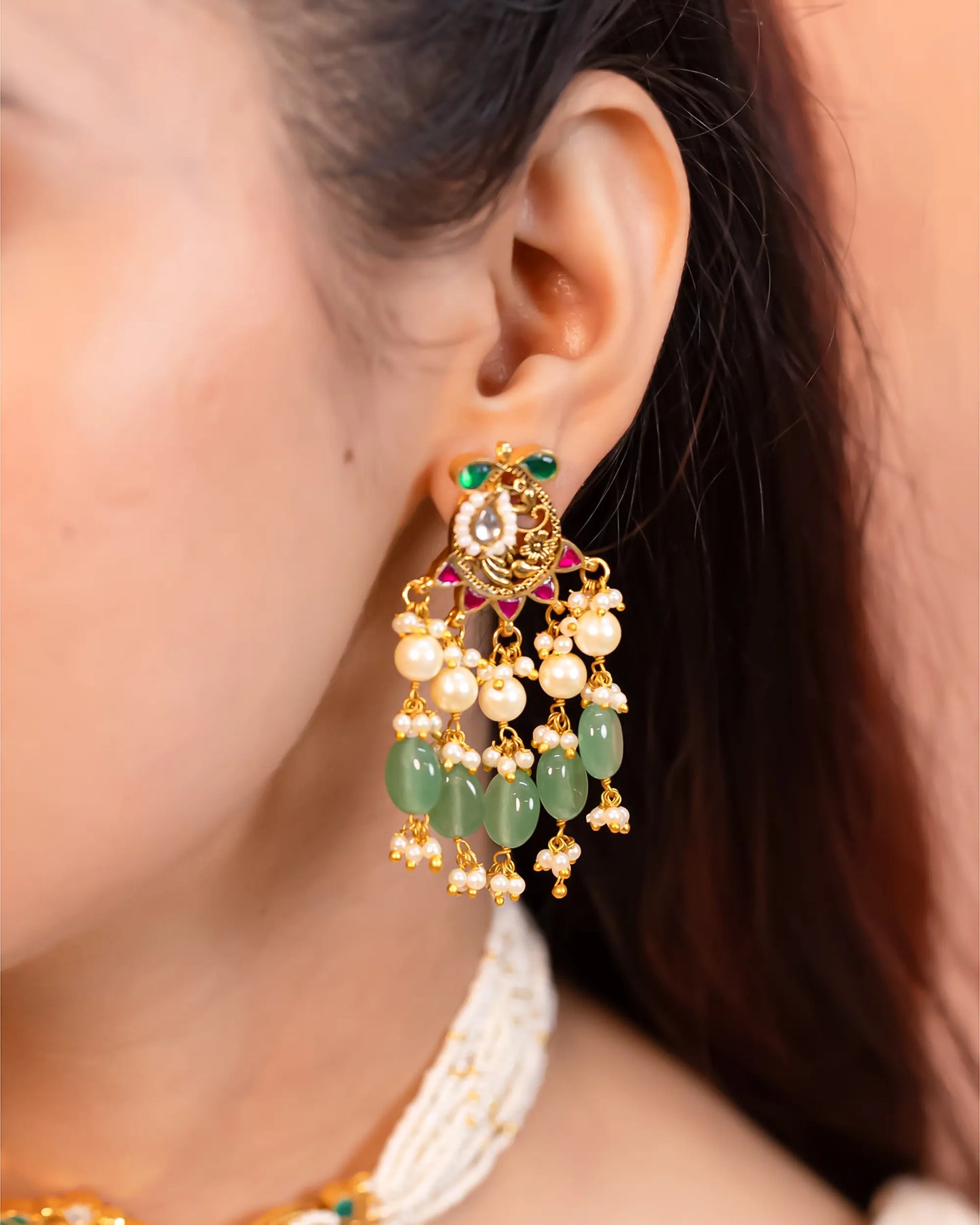 Kundan Pearl Bridal Choker Necklace Set with Green Drops Indian Jewelry