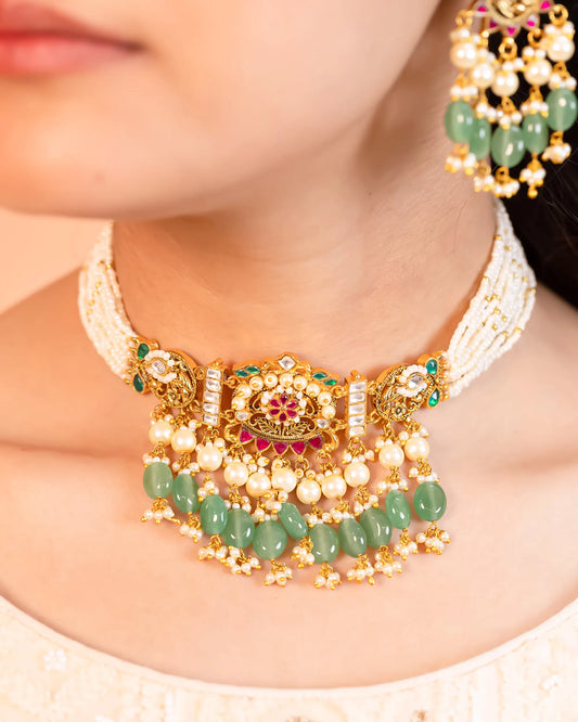 Kundan Pearl Bridal Choker Necklace Set with Green Drops Indian Jewelry