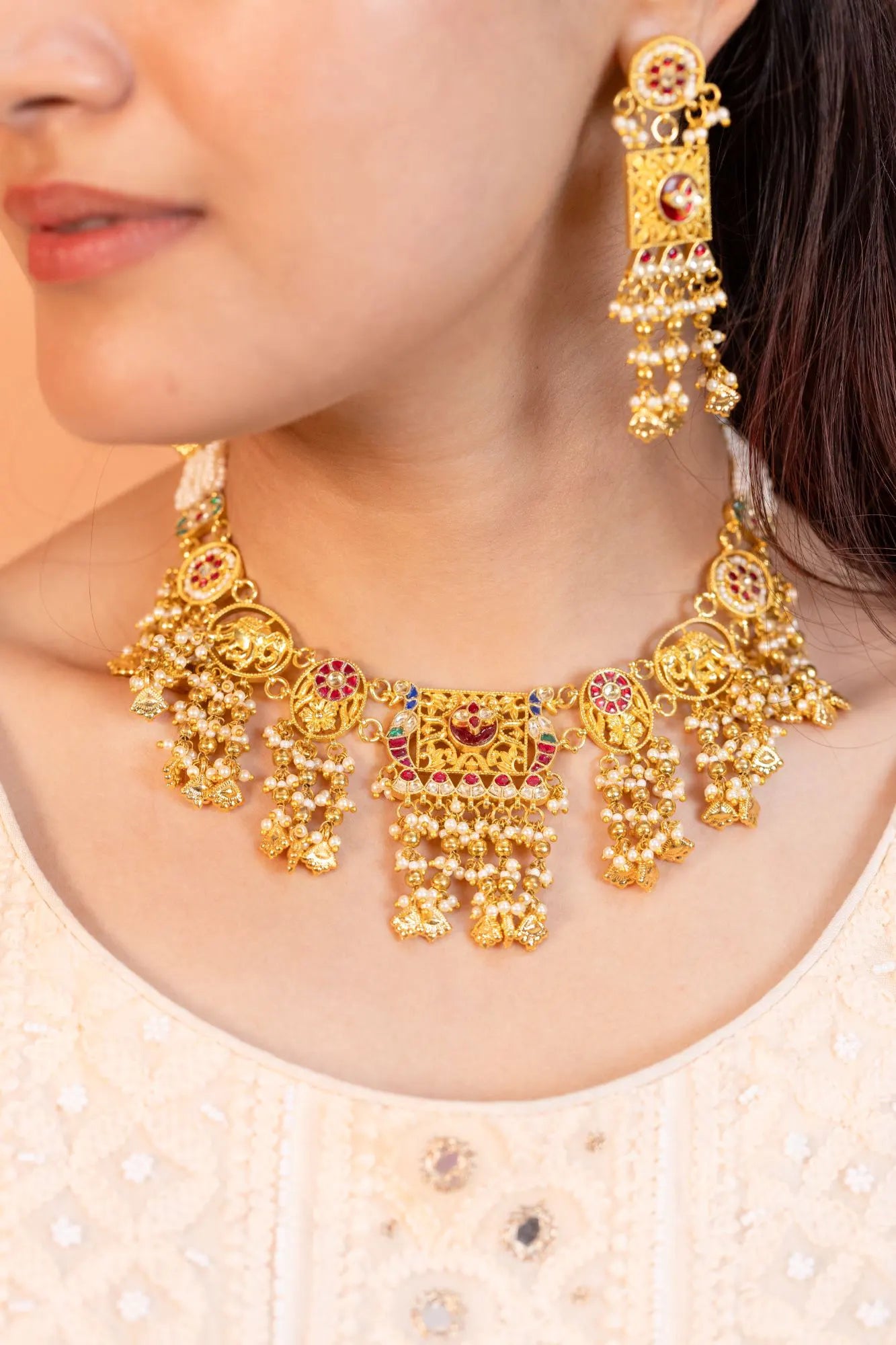 Gold Plated Kundan Choker Set Jewelry, Indian Pearl Necklace & Earrings